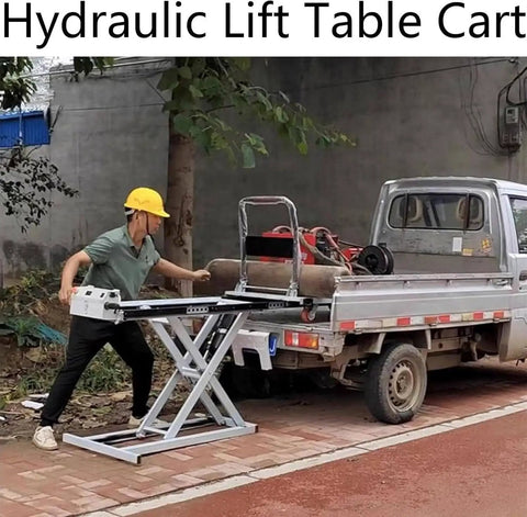 Heavy Duty Portable Hydraulic Lift Table Cart With Electric Motor and Strong Steel Shear Fork for Moving Heavy Loads Up to 660 Lbs safely in warehouse.