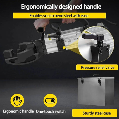 Get This CutpoiY Electric Hydraullic Rebar Bender For Quick And Easy Steel Bar Bending Up To 130 Degrees With Straightening Heads Strong Thrust Low Power Use, featuring ergonomic handle and pressure relief valve.