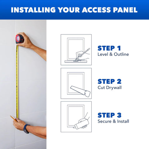 Installing Top Shelf 4X6 Drywall Access Panel for Ceilings and Walls, steps for leveling and cutting drywall.