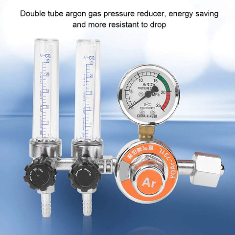 Argon Pressure Regulator With Double Tube Design For TIG And MIG Welding Equipment, G5/8 Female Thread, front view.