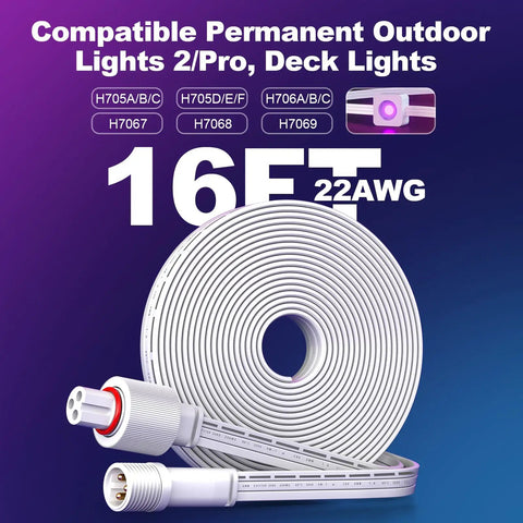 Heavy Duty 16 Ft Weatherproof Extension Cable Built For Permanent Outdoor Lighting Compatible With H705 And H706 Models, coiled with plugs.