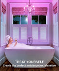 Woman relaxing in bathtub with Alexa Compatible E12 Smart Light Bulbs S1 Auto Pairing illuminating chandelier above