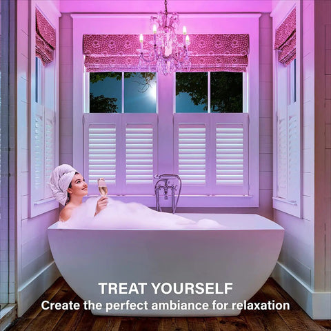 Woman relaxing in bathtub with Alexa Compatible E12 Smart Light Bulbs S1 Auto Pairing illuminating chandelier above