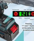 Heavy Duty 2 In 1 Electric Rivet Gun And Nutsetter Tool With Memory Mode display showing settings and battery life for easy use.