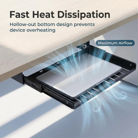 Heavy Duty Under Desk Laptop Mount With Super Smooth Gliding Steel Tray Quiet Ball Bearings Roll Out Freely with heat dissipation design.