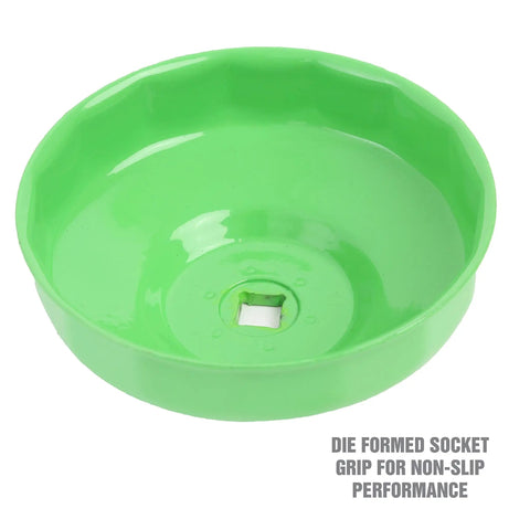 Green cup from Ten Piece Oil Filter Wrench Set With Non Slip Cap Wrenches For Easy Oil Changes, Fits Three Eighths Inch Drive On Most Vehicles Including BMW Ford Chevy Toyota, Rust Resistant Cups And Wide Size Range, showing socket grip