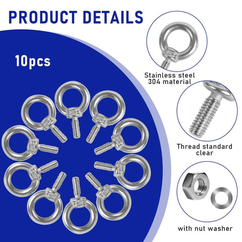 10 Pack M6 Eye Bolts With Nuts Stainless Steel 304 Beefy Heavy Duty Eyebolts For Lifting Rigging And Hanging Projects