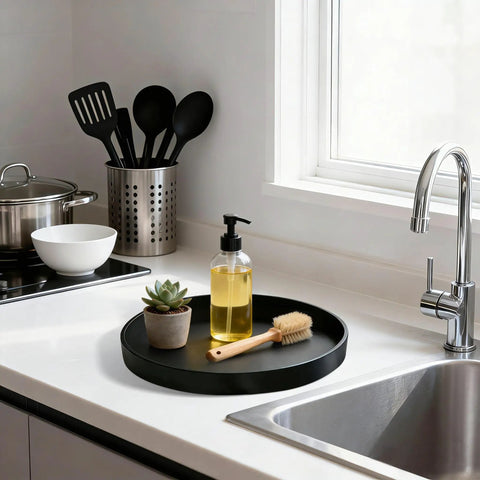 Slick Round Black Abs Vanity Tray For Bathroom Counter 9 Inch Durable Water Proof Dresser Organizer For Perfume Candles And Soap Holders Clean Home Storage Flex