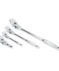 4 Piece Flex Handle Ratchet Set With 84 Tooth Ratchets, Low Profile Teardrop Heads, Flush On Off Switch, Bright Chrome Finish