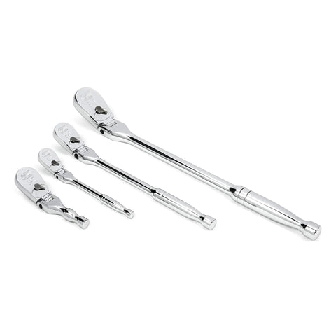 4 Piece Flex Handle Ratchet Set With 84 Tooth Ratchets, Low Profile Teardrop Heads, Flush On Off Switch, Bright Chrome Finish