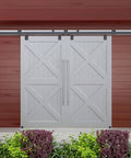16Ft Exterior Double Sliding Barn Door Hardware Kit, Heavy Duty Wall Mount Box Track For Outdoor Use, Supports Up To 300 Lbs installed