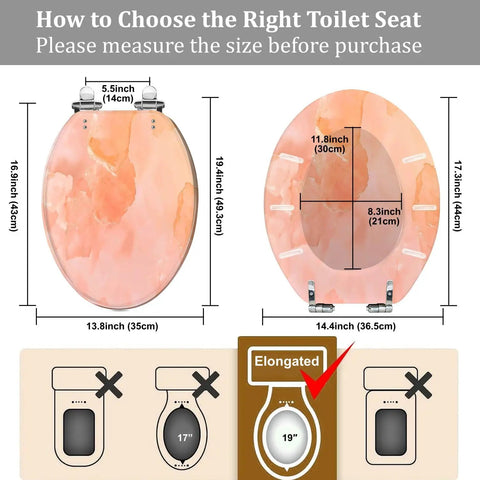 Elongated Toilet Seat Quiet Close for Home Bathroom size specifications with measurements and installation guide.