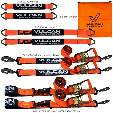 Ultimate Axle Tie Down Kit Pro Series with 22in, 36in straps, 96in snap-hook ratchets, 112in loops, and storage bag displayed