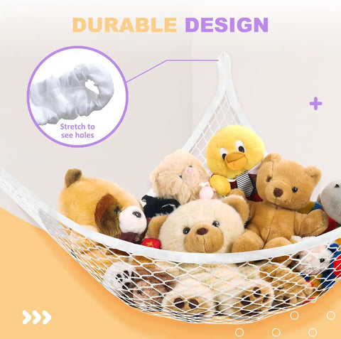 Stuffed Animal Net Hammock for Plush Toys, Corner Organizer for Kids Room Decor, large capacity storage net in white with toys