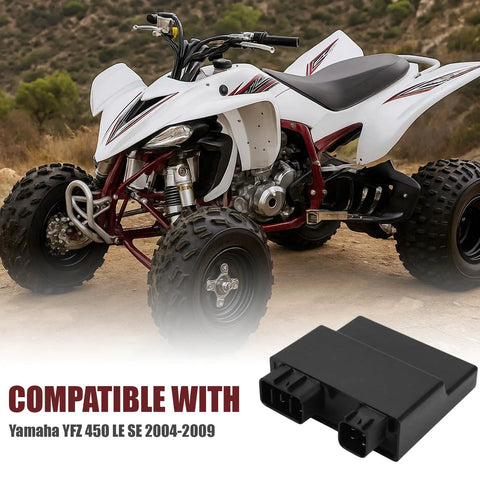 Pro Grade CDI Box Replacement For Yamaha YFZ 450 And Honda ATVs, A Solid Fit For CRF450R And TRX 450R, Plus 150cc, 125cc And 50cc Scooters, Compatible With 5TG-85540-00-00 And 5TG-85540-10-00, displayed with Yamaha ATV.