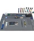 Extra Large Silicone Soldering Mat 21.6 By 13.8 Inches, Heat Resistant Up To 932 Degrees Fahrenheit, with tools placed on mat