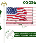 Sturdy 6 Foot Stainless Steel Garden Flag Pole Kit With Holder For Outdoor Use Includes 3x5 US Flag And Eagle Topper Weatherproof Flagpole For Porch Yard Or Home Exterior showing flag size compatibility with adjustable rings.