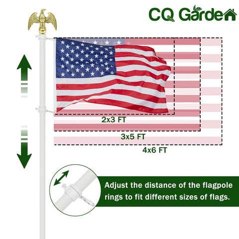 Sturdy 6 Foot Stainless Steel Garden Flag Pole Kit With Holder For Outdoor Use Includes 3x5 US Flag And Eagle Topper Weatherproof Flagpole For Porch Yard Or Home Exterior showing flag size compatibility with adjustable rings.