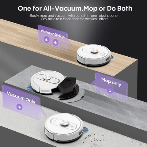 Robot Vacuum And Mop Combo With Self Emptying Station 6000Pa Suction LiDAR Mapping 90 Days Hands Free Cleaning Wi Fi App Alexa Voice Control vacuuming and mopping different floor types.
