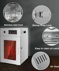 Rock Solid Stainless Steel Food Dehydrator With 360 Degree Spin Cycle For Flawless Air Circulation Commercial Grade features stainless steel hooks and snap lock.