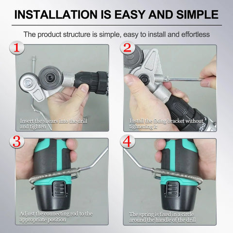 Jikbeed metal nibbler drill attachment installed on a cordless drill; four-step installation panels.