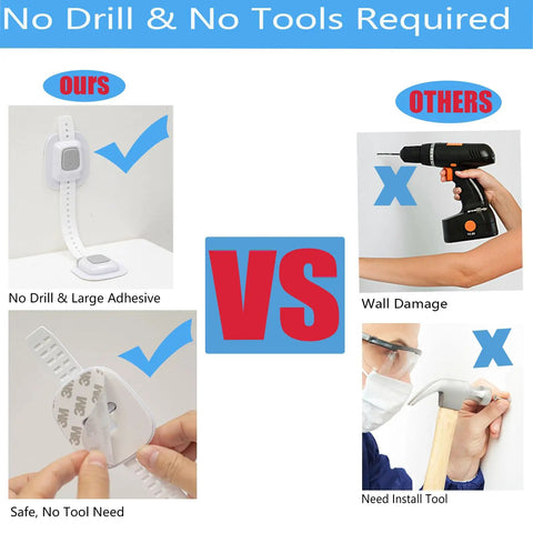 No Drill Anti Tip Furniture Straps With Heavy Duty Adhesive Wall Anchors comparison showing damage-free installation versus tool use.