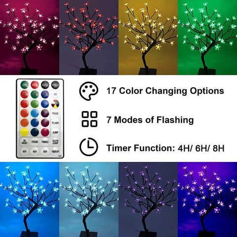 18 Inch Cherry Blossom Bonsai Tree With 48 RGB LED Lights Remote 16 Color Changing Modes Metal Base Night Light Vibe