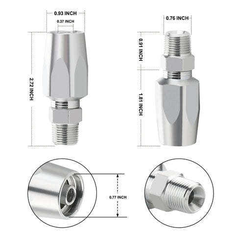 Two Pack 3/8 Inch Reusable Hydraulic Fittings For 3/8 Inch ID Hose Repair Kit Size Six Single Wire Hose Replacement Fittings For Double Wire Braided Hydraulic Hoses, showing dimensions and close-up.