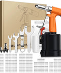 Pneumatic Rivet Gun With 500 Rivets And 5 Nosepieces, Pro Grade Air Driven Riveter Tool displayed with accessories.