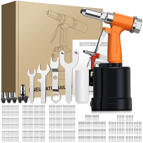 Pneumatic Rivet Gun With 500 Rivets And 5 Nosepieces, Pro Grade Air Driven Riveter Tool displayed with accessories.