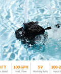 Automatic Mini Sewage Pump With Water Sensor, 3 Feet Lift, 100 GPH, shown in water with filtration, compact design.