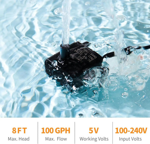 Automatic Mini Sewage Pump With Water Sensor, 3 Feet Lift, 100 GPH, shown in water with filtration, compact design.