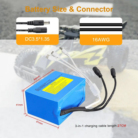 Go-To 12V 5200mAh Rechargeable Lithium Battery Pack With Charger And DC5521 Connector, cable size specifications shown