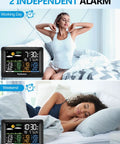 Ultimate Wireless Weather Station With Indoor And Outdoor Temperature And Humidity Readouts Atomic Clock Barometric Pressure Forecast USB Port Four Sensor Zones And A Big Easy To Read Display For Home Office Bedroom showing dual alarm settings and daily forecast.