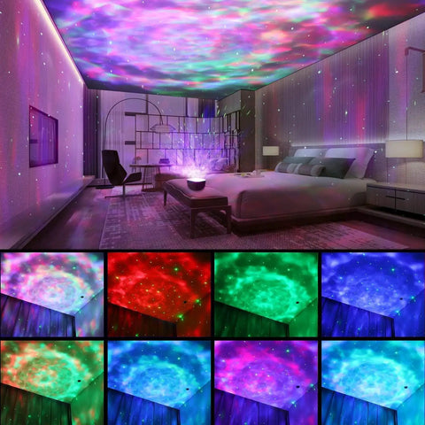 Lit Star Projector Galaxy Night Light With Remote And Timer projecting colorful stars and ocean wave patterns in a bedroom.