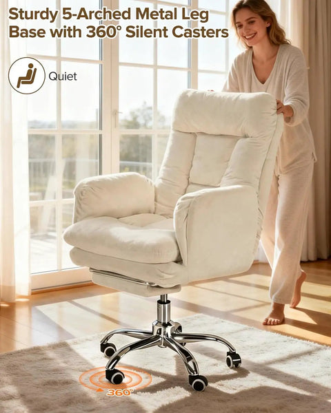 Heavy Duty Office Chair With Footrest And Flip Up Armrests Ergonomic Desk Chair shown in a bright room with 360° silent casters