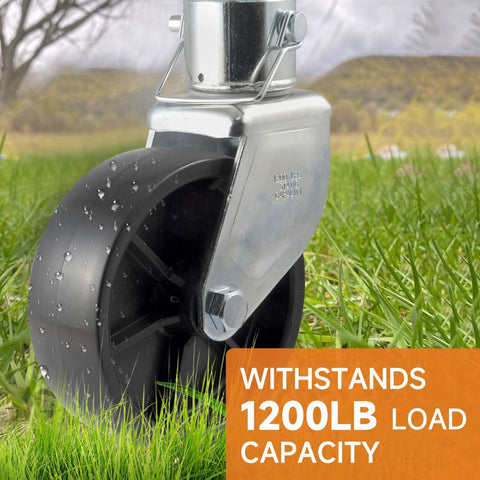 Side view of XIANGZI 6-inch trailer jack wheel assembly with metal housing and black wheel, 1200 lb capacity