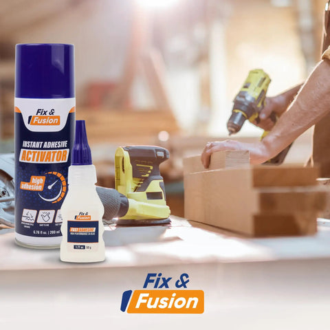 Cyanoacrylate Glue And Instant Activator Spray Set with dual glue bottles on a woodworking bench with tools, DIY focus.