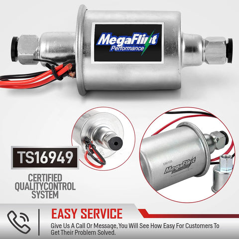 Inline 12V Universal Electric Fuel Pump Low Pressure Five To Nine PSI For Gas And Diesel, Delivers Thirty GPH, Five Sixteenth Inch Inlet And Outlet, Draws One To Two Amps, Fuse Rated Twelve Amps, Crossreferences E8012S EP12S FD0002 P60430 6414671 with certification badge