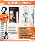 Front view of orange TKK 1/2-ton chain hoist with hand chain and heavy-duty hook.