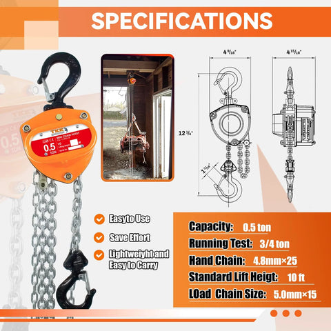Front view of orange TKK 1/2-ton chain hoist with hand chain and heavy-duty hook.