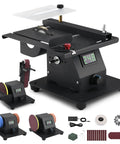 Slick 4 In 1 Mini Table Saw With Led Voltage Display And 7 Adjustable Speeds For No Fuss Crafting And Woodworking Featuring 10 Sanding Belts Plus 90 Degree Adjustable Belt Sander Dual Bench Grinder And Polishing Wheel Kit, showing digital display and multiple attachments.