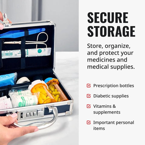 Open Locking Medicine Case With Combination Lock For Home, Travel And Shared Spaces showing organized medication and supplies