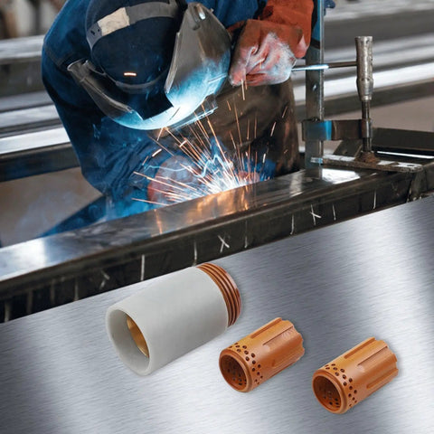 Pro Grade Swirl Ring And Retaining Cap Plasma Cutting Consumables Kit in use by a welder, PMX 1000 1250 1650 RT60 RT80 80A system