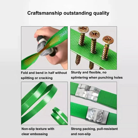 Craftsmanship of Rock Solid Green Pet Strapping Roll, 1000Ft By 5/8 Inch Wide Heavy Duty Baling Tape, showing features and flexibility.