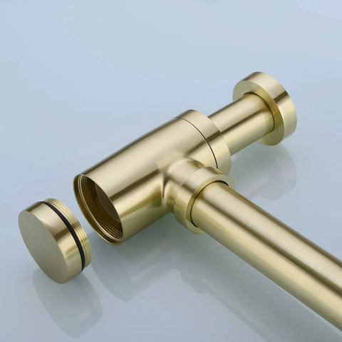 Brass Round Bottle P Trap For Basin Sinks, Adjustable Height Waste Drain Tube Kit In Brushed Gold Finish, showcasing leakproof design.