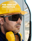 Man wearing Anti Fog Safety Glasses With Side Shields UV400 Protection Tough As Nails Eyewear, hard hat, and earmuffs.