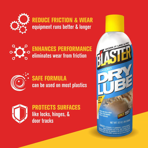 Front view of 6-16-TDL Advanced Dry Lube With Teflon 9.3 Oz Pack Of 6, showing benefits and safety features on red background.