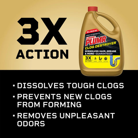 Clorox Liquid-Plumr Pro-Strength Clog Destroyer drain cleaner bottle, 80 oz, gold plastic with red cap