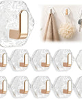 Water Ripple Hexagonal Adhesive Wall Hooks in a pack of ten, clear material with gold hooks for easy bathroom organization.